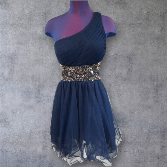 Blondie Nites by Stacy Sklar Fit‎ & Flare Sexy One Shoulder Mini Dress Size 9 - Picture 1 of 13